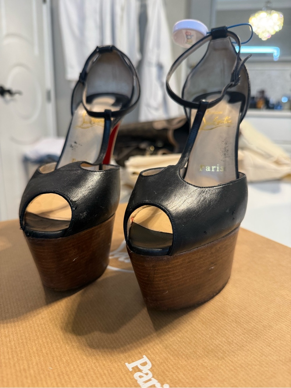 Christian Louboutin Black Leather Peep-Toe Platform Sandals